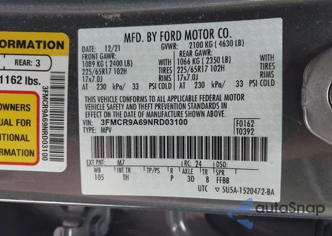 2022 Ford Bronco Sport из США, поврежденный, VIN 3FMCR9A69NRD03100